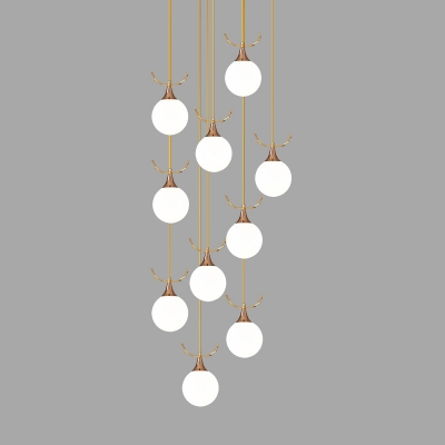 Minimalist Cluster Ball Pendant Cream Glass Stairs Multi Lamp Ceiling Light with Antler Deco