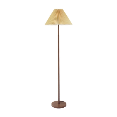 Minimalistic Conical Floor Lamp Pleated Fabric 1 Head Living Room Standing Light with Wooden Pole