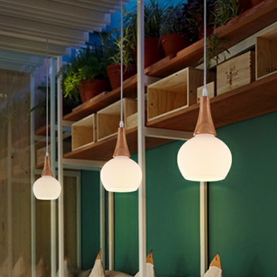 Nordic Teardrop Shaped Suspension Light Cream Glass 3-Light Restaurant Drop Pendant in Wood