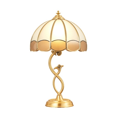 Opal Frosted Glass Scalloped Shade Night Lamp Retro 1-Bulb Bedroom Table Light in Bronze