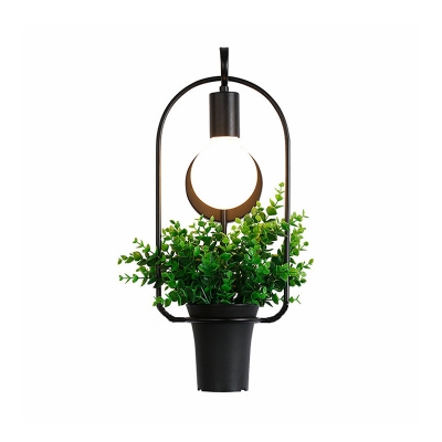 Single Bare Bulb Wall Lighting Industrial Black Metal Wall Lamp with Artificial Pot Plant