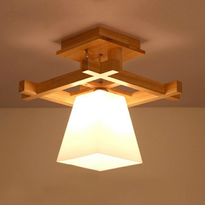 Trapezoid White Glass Semi Flush Light Simple 1-Light Wood Ceiling Lighting for Aisle