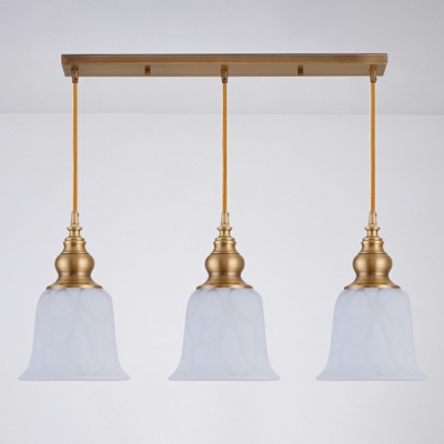 White Glass Shaded Cluster Pendant Light Country 3-Light Dining Room Hanging Light in Brass