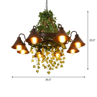 8-Head Iron Hanging Lamp Industrial Black Conical Living Room Chandelier Light with Green Ivy Deco