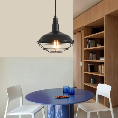 Barn Shaped Iron Suspension Light Industrial Single Dining Room Pendant Lamp with Cage Bottom in Black
