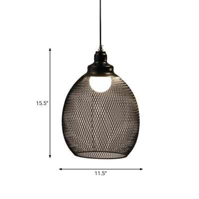 Black Oval Mesh Cage Pendant Country Style Metal Single Foyer Hanging Ceiling Light