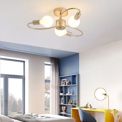 Brass Floral Semi Flush Light Fixture Postmodern Metal Ceiling Light with Bare Bulb Design
