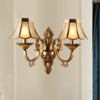 Bronze 2-Bulb Wall Lamp Traditional Frosted Glass Flared Sconce Light with Scalloped Edge
