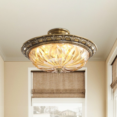 Bronze Bowl Shaped Flush Light Antique Clear Crystal Glass Corridor Semi Flush Ceiling Light