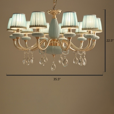 Childrens Tapered Hanging Lamp Pleated Fabric Bedroom Chandelier Light with Crystal Decor