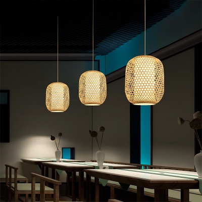 Chinese Elliptical Hanging Lamp Bamboo Single-Bulb Restaurant Pendant Light in Beige