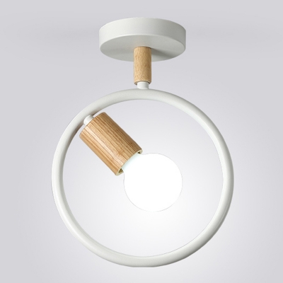 Circular Metal Semi Flush Light Nordic Single-Bulb Ceiling Light Fixture with Wood Socket for Aisle