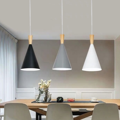 Conical Dining Room Hanging Light Metal 1 Bulb Macaron Suspension Lamp with Wooden Top