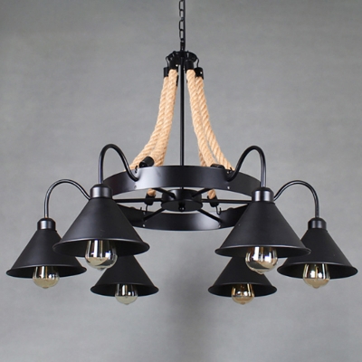 Conical Iron Chandelier Light Industrial 6-Light Bedroom Ceiling Suspension Lamp in Black