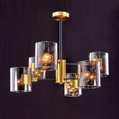 Cylindrical Smoke Glass Hanging Light Postmodern Brass-Black Chandelier for Living Room