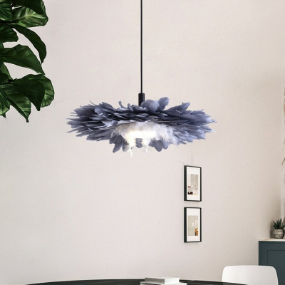 Flat Shade Pendulum Light Nordic Feather 1-Light Bedroom Suspension Pendant Light in Black-Blue