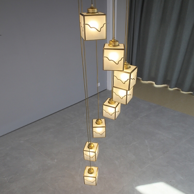 Frosted Glass Cube Hanging Lamp Contemporary 8-Light Gold Multi Pendant Light Fixture