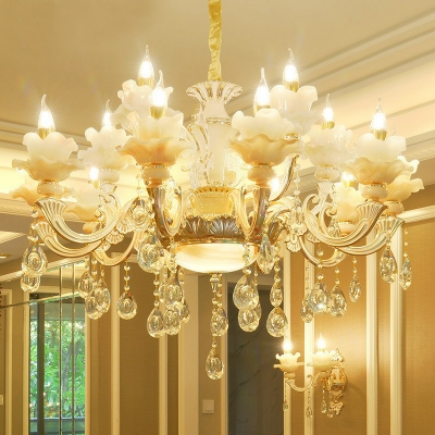 Jade Candle Style Ceiling Chandelier Traditional Living Room Hanging Light Fixture with Crystal Drops in White