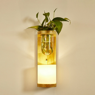 Lodge Style Geometric Wall Light 1 Bulb Cream Glass Sconce Fixture with Wooden Bracket and Glass Plant Pot