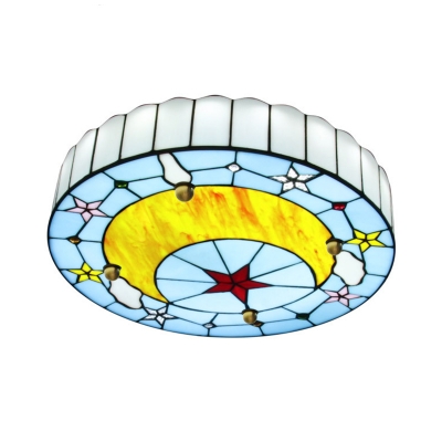 Mediterranean Round Flush Mount Lighting Tiffany Glass Ceiling Light with Moon Pattern in Blue