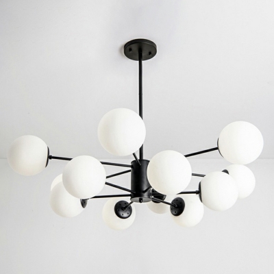 Minimalist Sputnik Chandelier White Glass Dining Room Pendant Light Fixture in Black