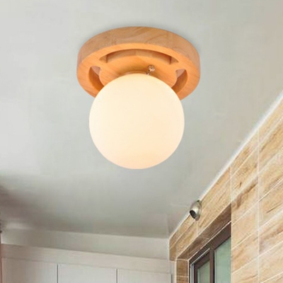 Nordic 1-Light Ceiling Fixture Wood Small Semi Flush Mount Light with Opal Glass Shade for Balcony