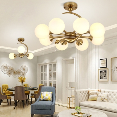 Postmodern Ball Ceiling Flush Light Cream Glass Living Room Semi-Flush Mount in Gold