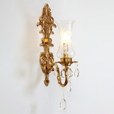 Printed Glass Vase Shade Wall Sconce Light Vintage Corridor Wall Mount Light in Bronze with Crystal Deco