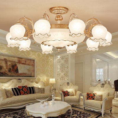 Ruffle Carved Glass Semi Flush Light Traditional Living Room Ceiling Light in White and Gold