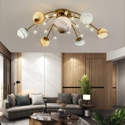 Stained Glass Planet and Star Ceiling Lamp Postmodern Brass Semi Mount Lighting for Living Room