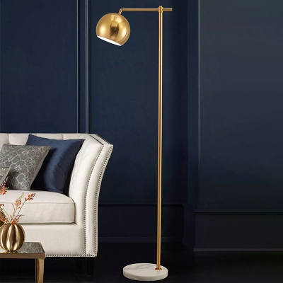 Swivel Dome Shade Floor Lamp Post-Modern Metal 1 Head Gold Standing Light with Right Angle Arm and Marble Base