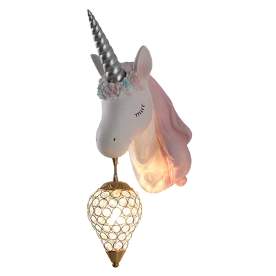 Unicorn Head Wall Lamp Kids Resin 1 Head Girls Room Wall Mount Light with Teardrop Crystal Shade