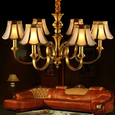 6 Heads Scalloped Chandelier Vintage Brass Frosted Glass Pendant Light for Living Room