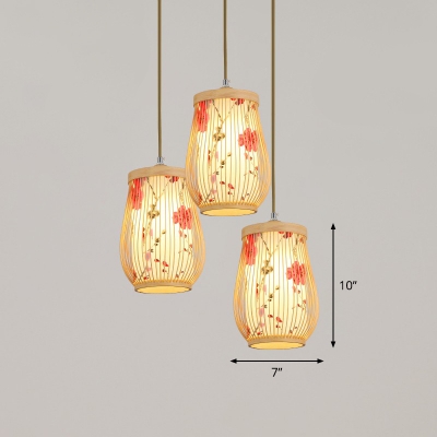 Asian Pear Shaped Multi-Light Pendant Bamboo 3-Light Tea Room Hanging Light Fixture