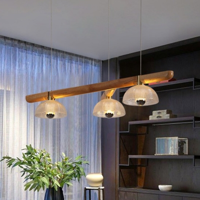 Clear Lattice Glass Bowl Island Lamp Modern 3-Head Wood Suspended Lighting Fixture