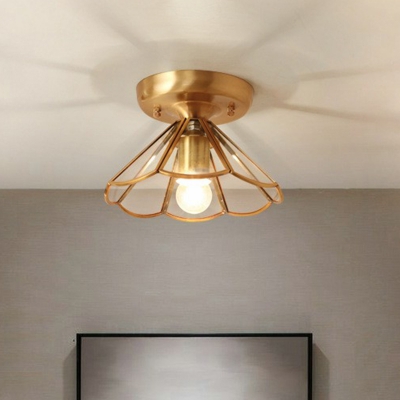Conical Corridor Flush Light Fixture Minimalist Glass 1 Head Brass Ceiling Light with Scalloped Edge