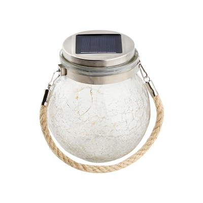 Crackle Glass Ball Solar Pendant Lamp Artistic Silver LED Hanging Light with Hemp Handle