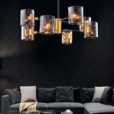 Cylindrical Suspension Pendant Light Postmodern Smoke Glass Living Room Chandelier in Black