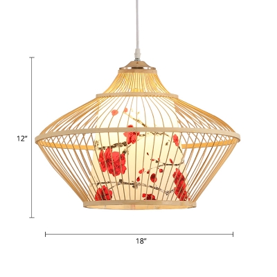 Drop-Like Bamboo Pendant Asia 1 Bulb Hanging Ceiling Light with Print Shade Inside