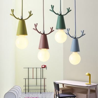 Exposed Bulb Pendant Ceiling Lamp Macaron Metal 1-Light Dining Room Hanging Light with Antler Deco