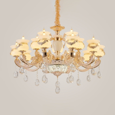 Faux Jade Vase Chandelier Traditional Living Room Hanging Light in White-Gold with Crystal Drops