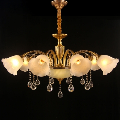 Frosted Glass Chandelier Traditional Gold Flower Living Room Hanging Light with Crystal Drops