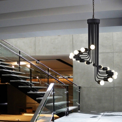 Iron Spiraling Chandelier Pendant Light Loft Style Stairway Hanging Light in Black