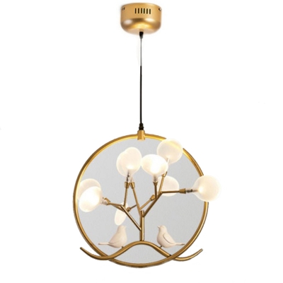 Leaf Shaped Pendant Chandelier Minimalist Acrylic 9-Bulb Bedroom Hanging Light with Metal Ring and Bird Decor