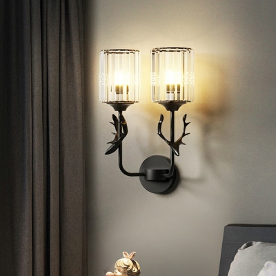 Prismatic Crystal Cylindrical Wall Lamp Minimalist Bedroom Sconce Light with Antler Decor