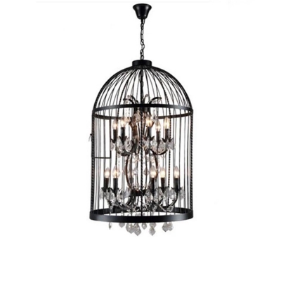 Rustic Birdcage Pendant Chandelier Metal Suspension Light in Black with Crystal Decorations
