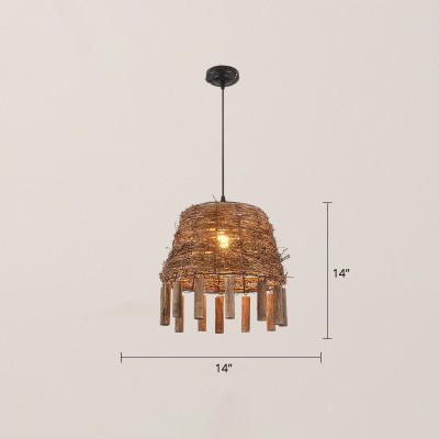 Rustic Tapered Pendant Lamp Rattan 1-Light Dining Room Suspension Lighting with Stick Fringe in Brown