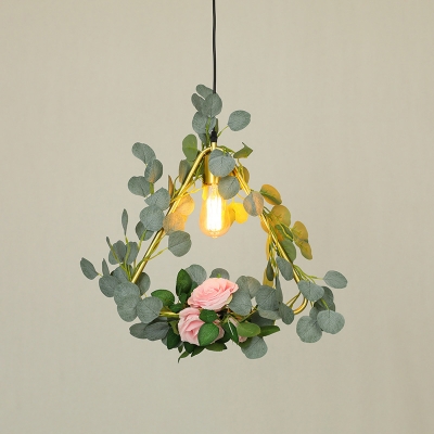 Single-Bulb Geometric Suspension Lighting Nordic Gold Metal Pendant with Rose and Leaf Decor