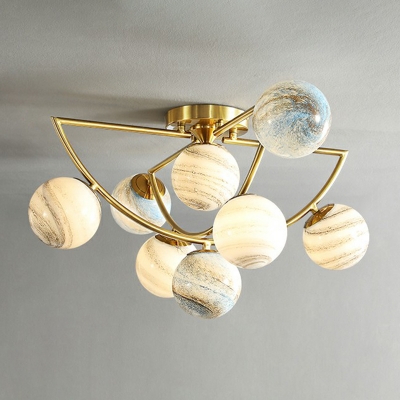 Stained Glass Planet Flush Mount Light Postmodern Gold Finish Semi Flush Ceiling Light for Living Room