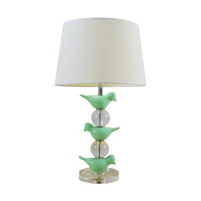 Tapered Drum Bedside Table Lighting Fabric 1-Light Modern Night Lamp with Bird Decoration in Green